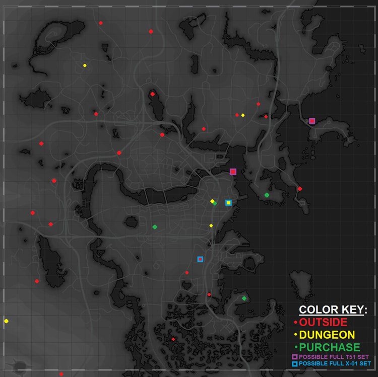 Mapa con las localizaciones de todas las servoarmaduras de Fallout 4