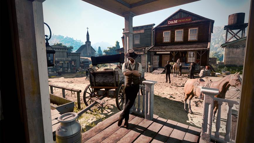 Siltrada una imagen de Red Dead Redemption 2 por el inmenso internet. En ella podemos observar a un vaquero esperando una copa de coñac fuera de un SALOON.