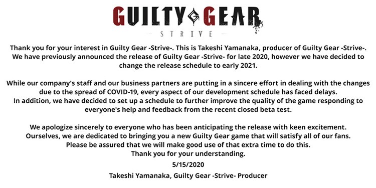 Guilty Gear Strive se retrasa a principios de 2021 por el COVID-19